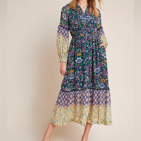 Anthropologie Maeve Ondine Bohemian Floral Long Sleeve tea length Maxi Dress LP - Picture 1 of 5